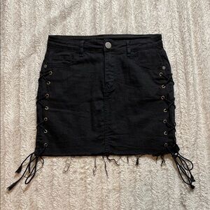 Black Lace-Up Denim Skirt